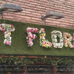 Der Inhalt des Schaufensters besteht auch aus Plastikblumen