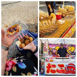 Mittagessen vor dem Tempel, ganz traditionell Takoyaki & Mitarashi Dango