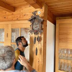 Marveling at the inner workings of this 100 year old cuckoo clock
