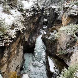 A frozen waterfall at First Bridge, Maligne Canyon