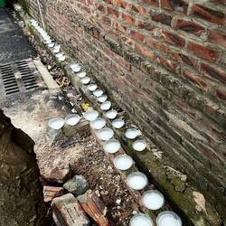 Die Opferschalen werden um die Firma gestellt.