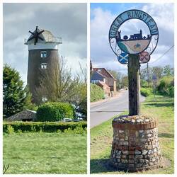 Ringstead (aka Great Ringstead locally); Tower windmill (now disused) / Village Sign