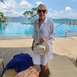 Kim enjoying our beautiful if not too warm pool.