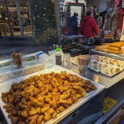 Tasty dumplings and fried potatoes, but cold within minutes due to the freezing cold weather!