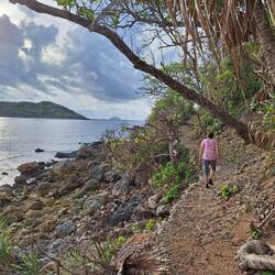 Cobblestone on concrete walk around the island.