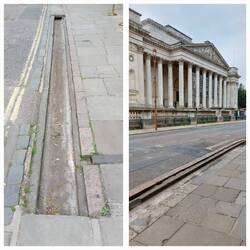 Trumpington Street branch; runnels run along both sides of the road / View to Fitzwilliam Museum