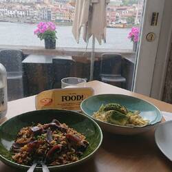 Cod, potato, olives, yolk sauce. Duck rice, smoked sausage, apricot, cheese sauce.