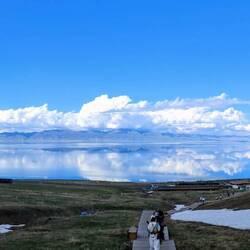 View back out over Sayram Lake
