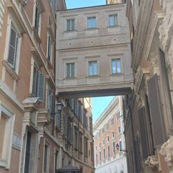 A cross bridge erected at a later stage to provide access between buildings