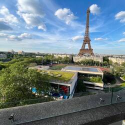 Embassy view at 7pm. Olympic rings are in irises on the roof of the Olympic HQ opposite