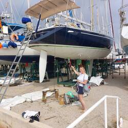 One coat of Antifouling done and one Hatch cover done!