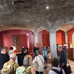 In the lobby at our Pousda in Evora. Tammy entertaining.