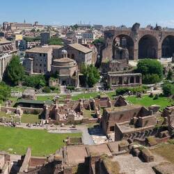 Panoramic view of the roman forum ruins looking down from Palantine Hill