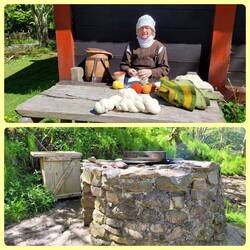 In dem Kessel auf dem unteren Foto wird die Wolle gefärbt.