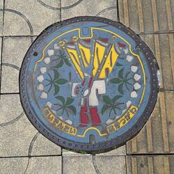 Emblems on many sidewalks of this town