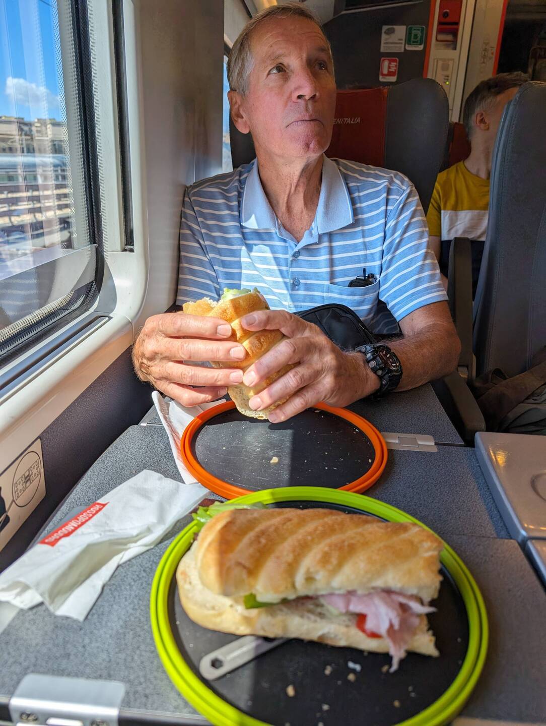 Finally aboard fast train to Napoli! Now for breakfast.
