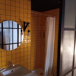 Bright yellow tile in our room at the Lemon Tree BnB