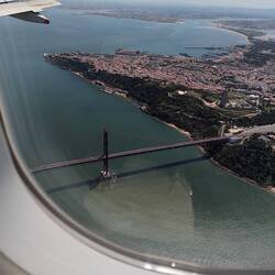 Aerial view of the bridge from Lisbon to southern Portugal