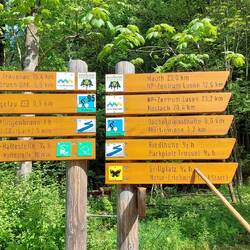 Im Nationalpark tolle Wegweiser, ins Holz graviert!