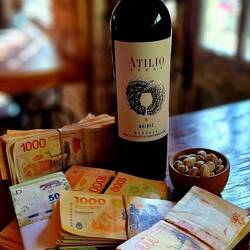 Stillleben mit Geld und Wein.