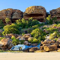 Helicopter on the landing beach where we dropped off the excursionists — Wollaston Bay ... Kimberley