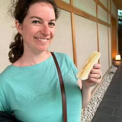 Sarah with an egg salad sandwich