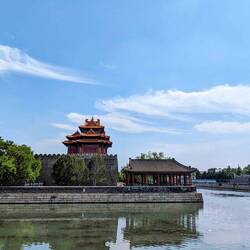 Looking over the moat at a tower