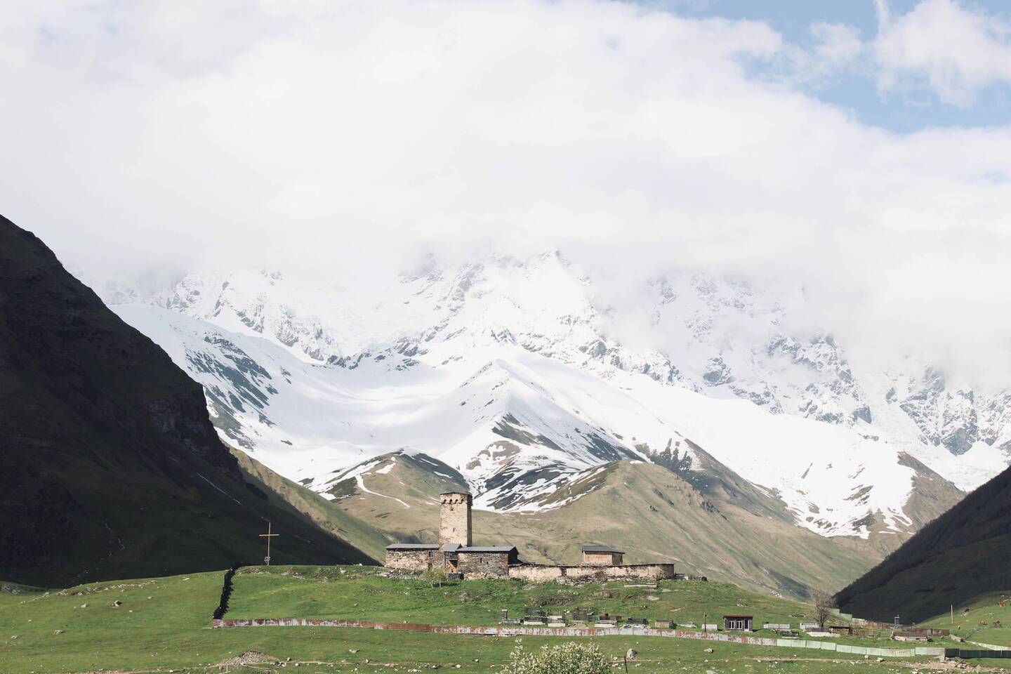 Old church with Mount Shkahra in the background.