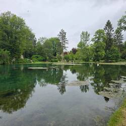 Village pond next to an outdoor cafe and play area