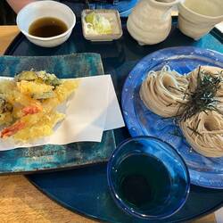Cold noodles with hot soup and tempura