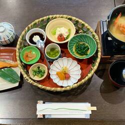 Breakfast at the hotel; miso, salmon, many small vegetable dishes