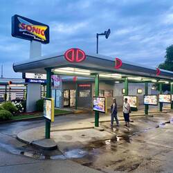 Sonic, on Shallowford Rd. Great burgers and fries, we can't get over US portion sizes!