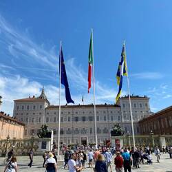 Main palace. European, Italian, and Piedmont flags
