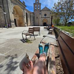 Snacking on our pre bought lunch supplies whilst waiting for the church to open!