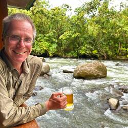 Enjoying a celebratory beer at our lodge