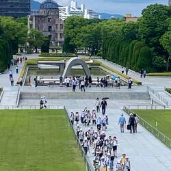 View from inside Hiroshima peace museum, looking towards atomic bomb dome