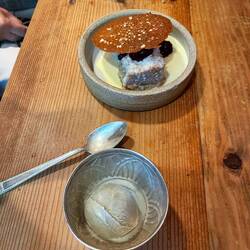 Hazelnut cake; black sesame and pistachio ice cream