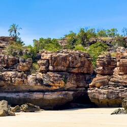 The cave I crawled thru is at the back of the slit in the rock ... Wandjina Island — Kimberley