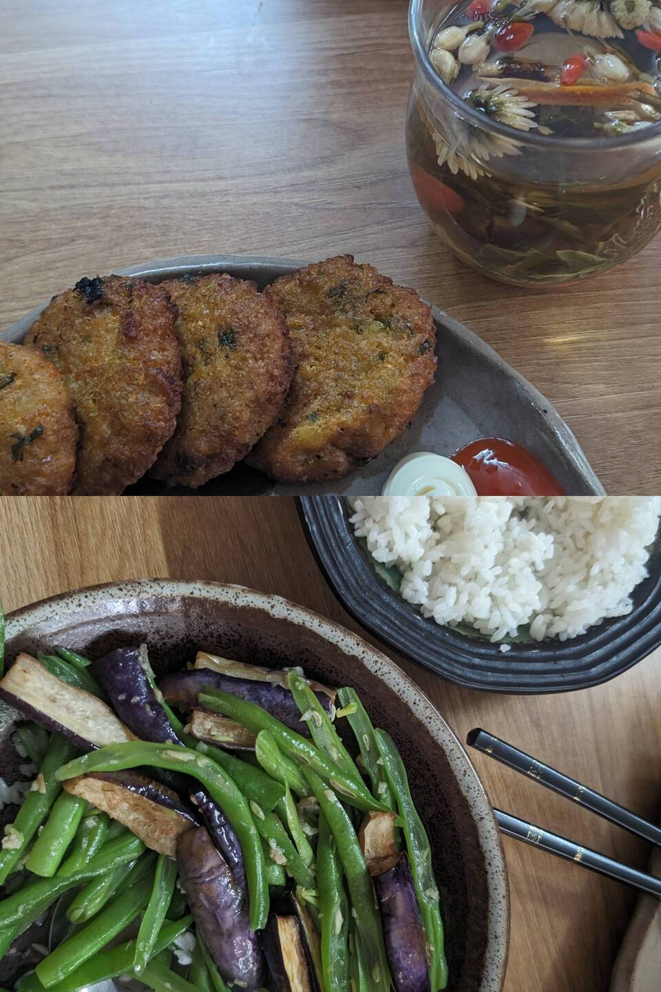 Chickpea fritters (not falafels) 9/10, aubergine n beans, 7/10