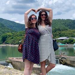 Sarah and Margot by the River in Arashiyama Park, en route to the bamboo forest