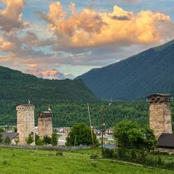 Evening stroll in the heights of Mestia: towers and Mt Tetnuldi (4859m) in the background