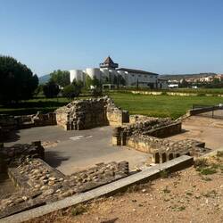 Ruins of original old pilgrims hospital in foreground