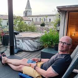 Relaxing on the closed-but-not-if-I-say-so rooftop of our "Zen" guesthouse