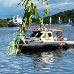 Freighter in River. MB at the Athens City Dock.