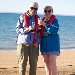 Elspeth and friend enjoying champagne en route to Le Laperouse from Freshwater Cove