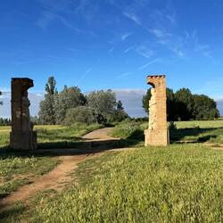 Monument marking the halfway point on the Camino Frances