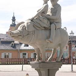 Sculpture Gluecksschwein, of an unpopular historical Lord (The lucky pig, or on the pig's back).