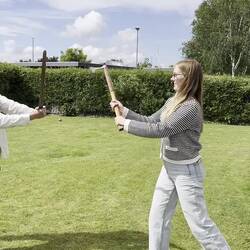 Emily and Kobe with the viking swords