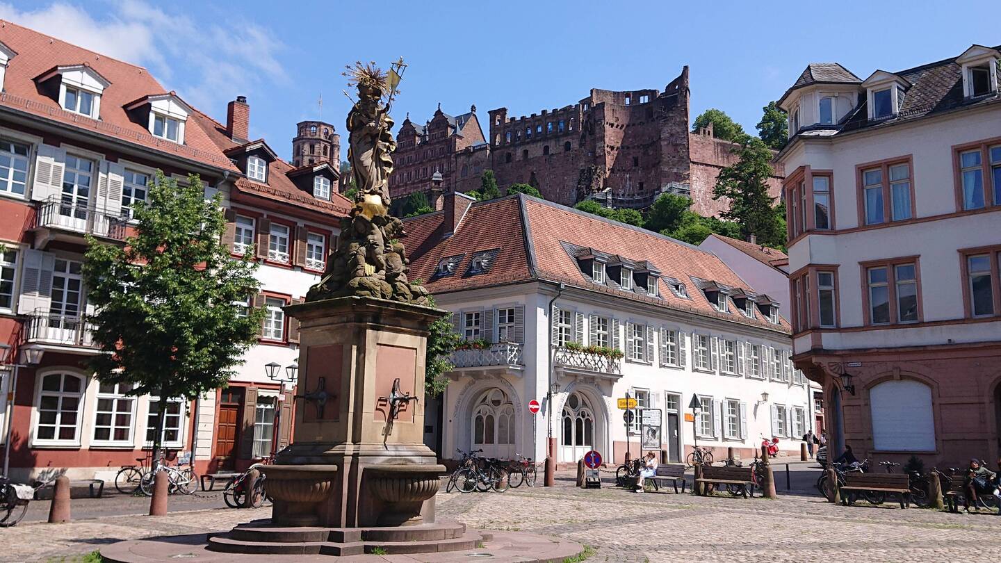 Looking up at Heidelberg castle from the town