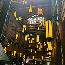 The lobby of the Many Glacier Hotel. Beautiful lamps.